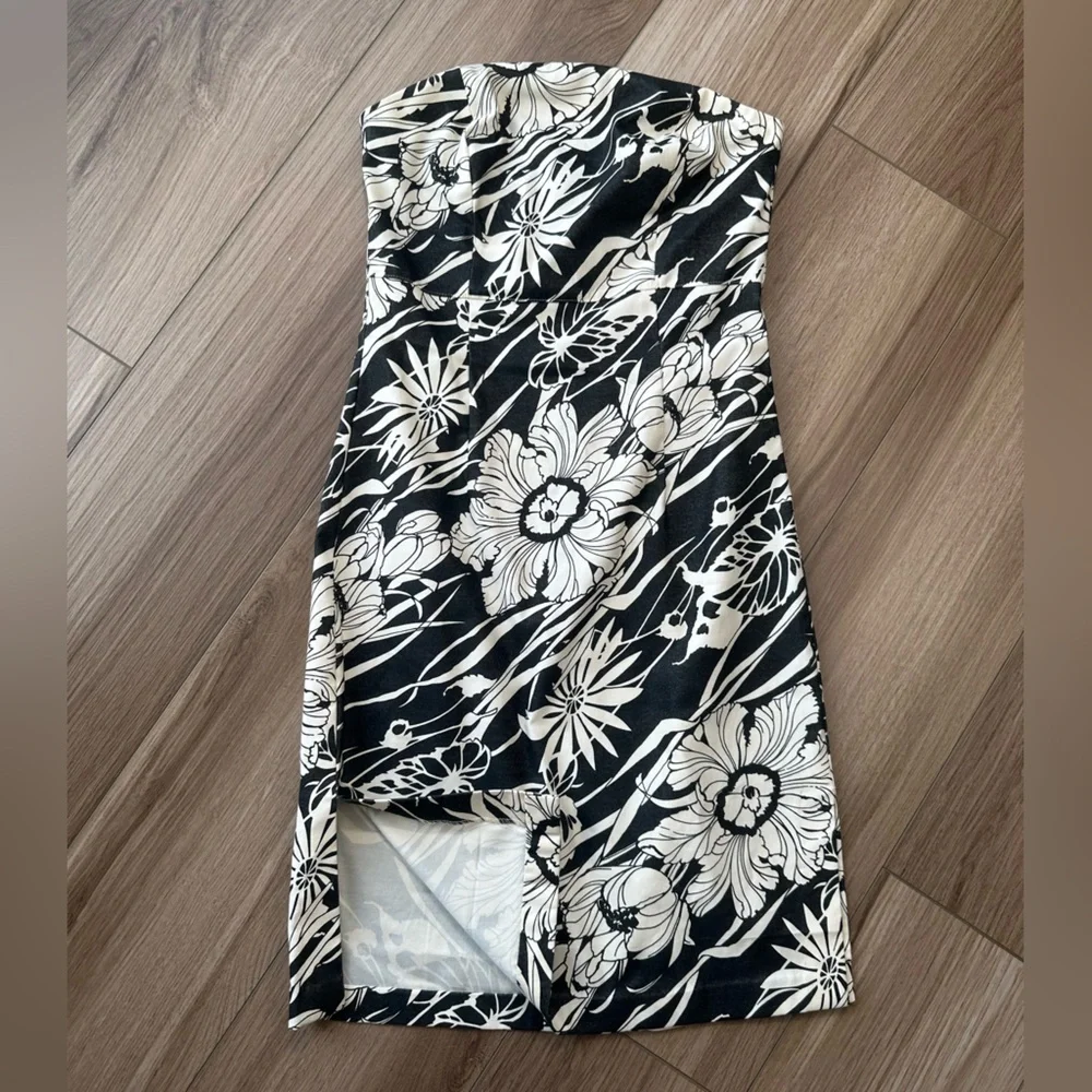 Y2K Vintage Express Black White Hawaiian Tropical Tube Strapless Dress - Picture 3 of 13